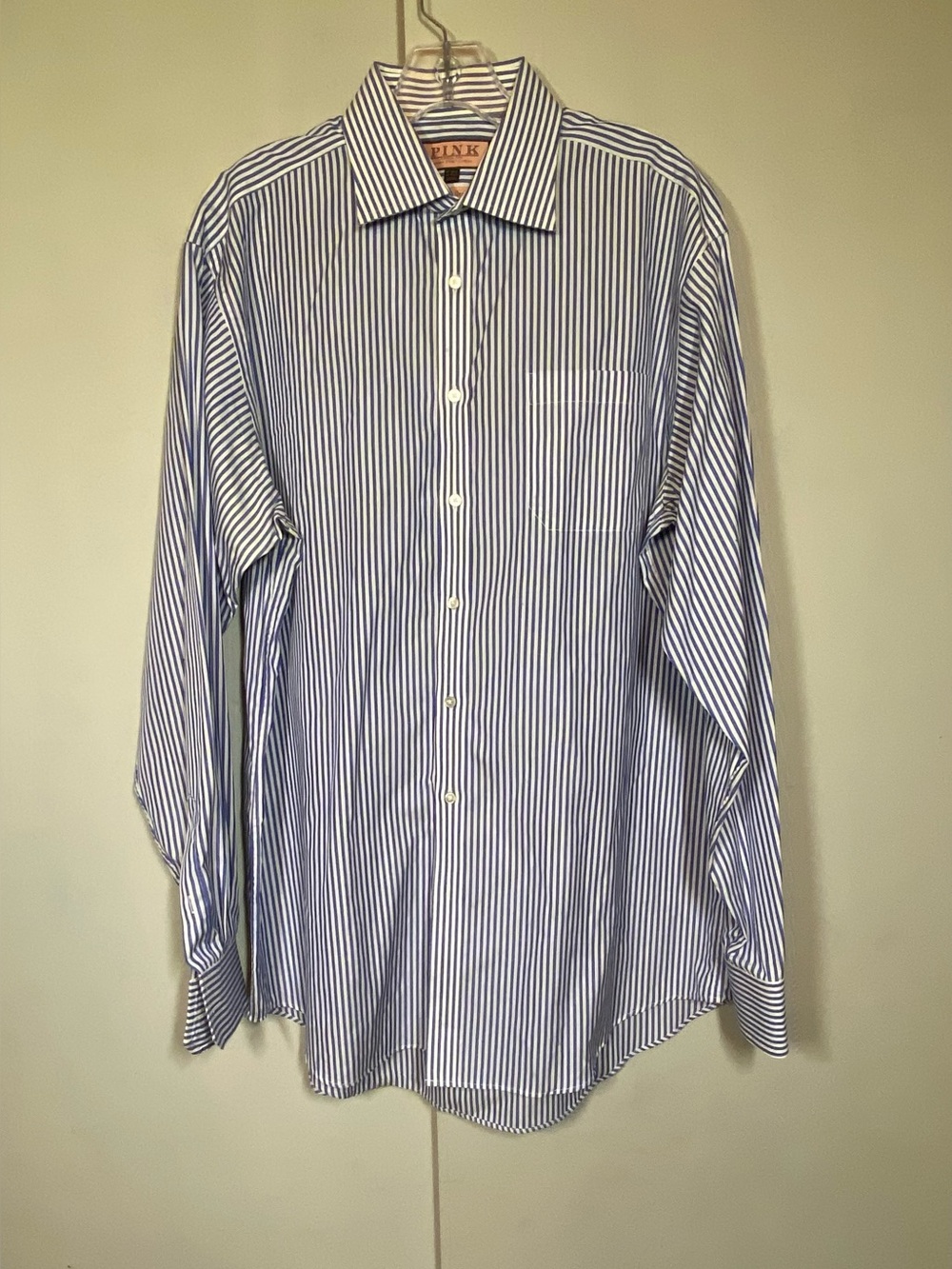 Thomas Pink "Traveller" shirt features a distinct blue and white stripe pattern